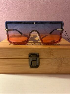 Gradient Blue-to-Orange Oversized Shield Sunglasses - Women Accessories